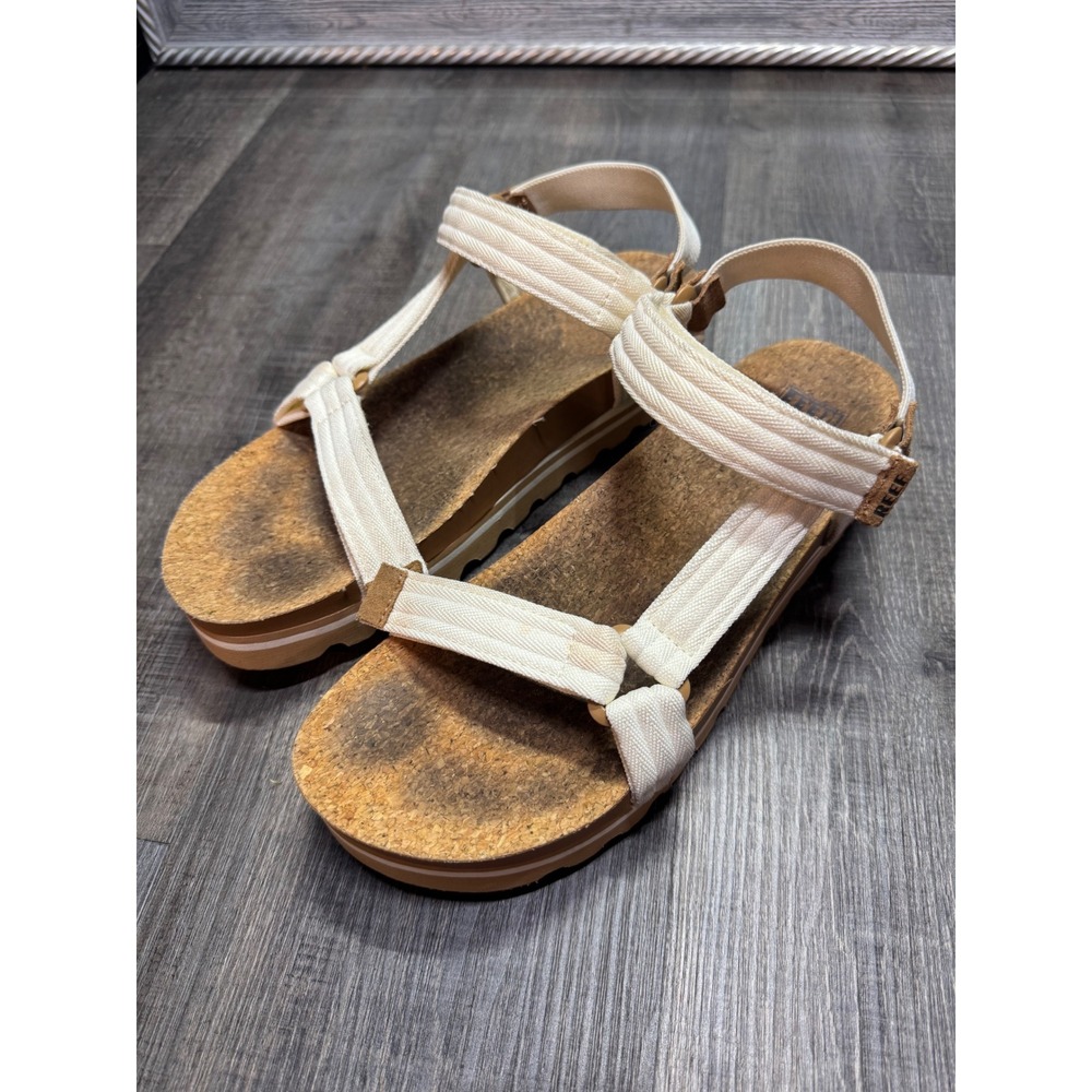 Reef Vista Hi Platform Sandals Cream Tan Woven Straps Cork Footbed Womens
